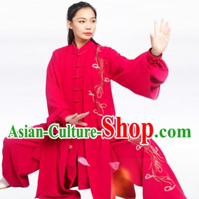 Lucky Red Top Chinese Classical Competition Championship Professional Tai Chi Stage Performance Uniforms Clothing and Mantle Complete Set for Women or Men