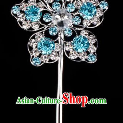 Chinese Handmade Beijing Opera Hair Accessories Traditional Ancient Princess Blue Crystal Flower Hairpins for Women