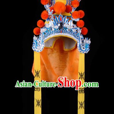 Chinese Handmade Beijing Opera Takefu Hat Traditional Ancient General Orange Helmet for Men