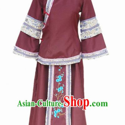 Traditional Chinese Republican Period Young Mistress Purplish Red Dress Ancient Landlord Shiva Costume for Women