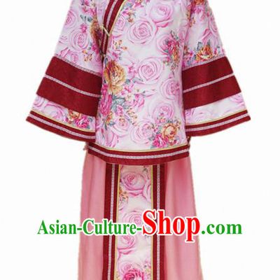 Traditional Chinese Republican Period Young Mistress Printing Roses Dress Ancient Landlord Shiva Costume for Women