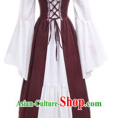 Europe Medieval Traditional Costume European Court Lady Purplish Red Dress for Women