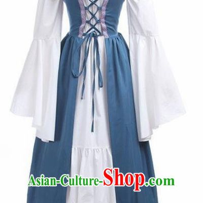 Europe Medieval Traditional Costume European Court Lady Blue Dress for Women