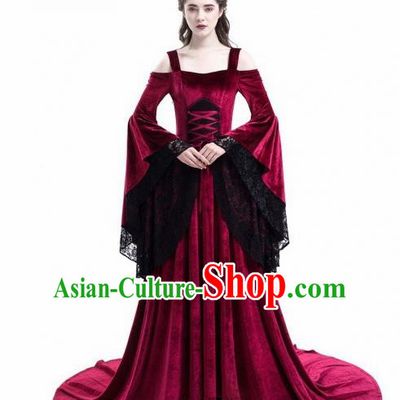 Europe Medieval Traditional Court Princess Wine Red Costume European Full Dress for Women