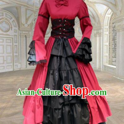 Europe Medieval Traditional Court Maid Costume European Red Dress for Women