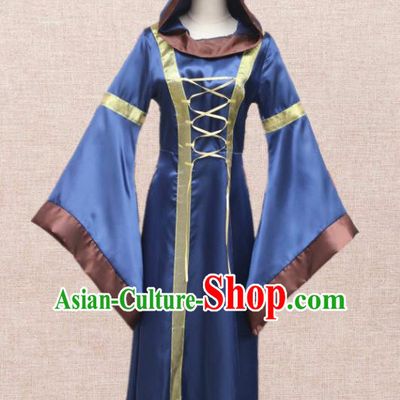 Europe Traditional Renaissance Costume European Dowager Blue Dress for Women