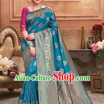 Indian Traditional Costume Asian India Blue Sari Dress Bollywood Court Queen Clothing for Women