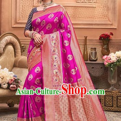 Indian Traditional Costume Asian India Fushcia Sari Dress Bollywood Court Queen Clothing for Women