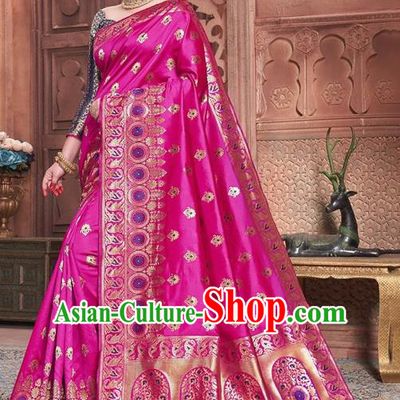 Indian Traditional Costume Asian India Embroidered Rosy Sari Dress Bollywood Court Queen Clothing for Women