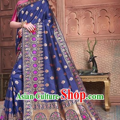 Indian Traditional Costume Asian India Embroidered Royalblue Sari Dress Bollywood Court Queen Clothing for Women