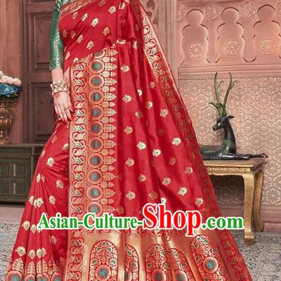Indian Traditional Costume Asian India Embroidered Red Sari Dress Bollywood Court Queen Clothing for Women
