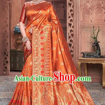 Indian Traditional Costume Asian India Embroidered Orange Sari Dress Bollywood Court Queen Clothing for Women