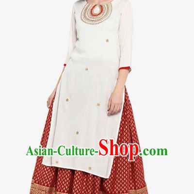 Asian India Traditional Informal Costumes South Asia Indian National White Blouse and Dress for Women