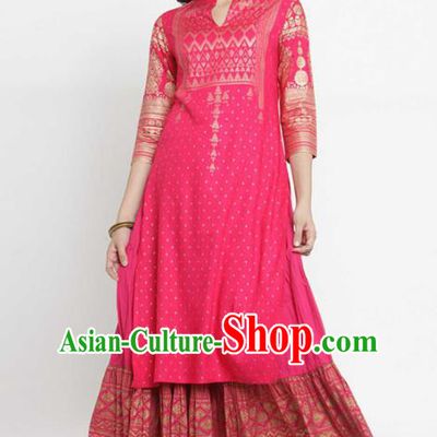 Asian India Traditional Informal Costumes South Asia Indian National Rosy Blouse and Dress for Women