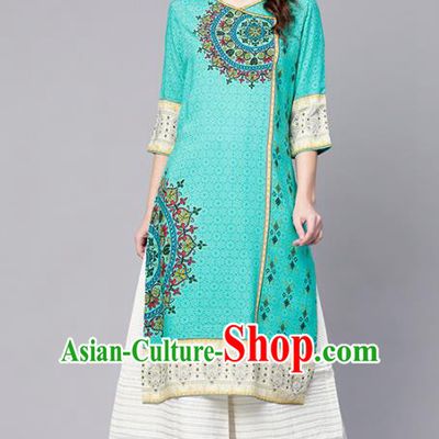 Asian India Traditional Informal Costumes South Asia Indian National Green Blouse and Dress for Women