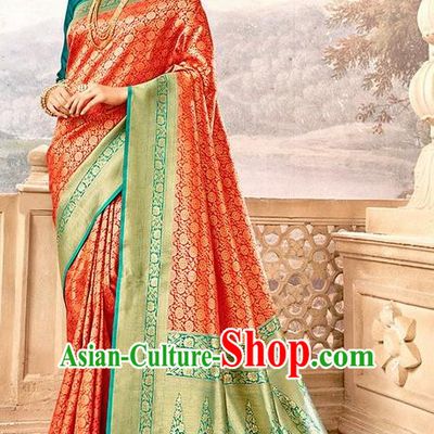 Indian Traditional Costume Asian India Red Brocade Sari Dress Bollywood Court Queen Clothing for Women