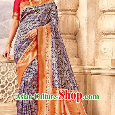 Indian Traditional Costume Asian India Royalblue Brocade Sari Dress Bollywood Court Queen Clothing for Women