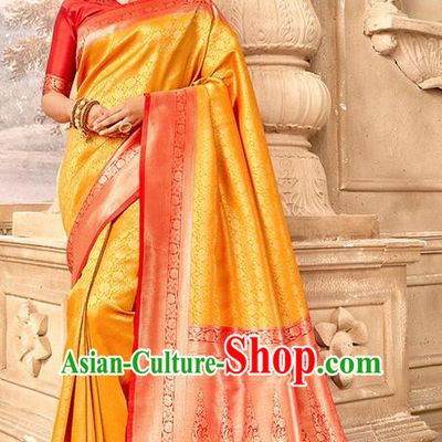Indian Traditional Costume Asian India Golden Brocade Sari Dress Bollywood Court Queen Clothing for Women