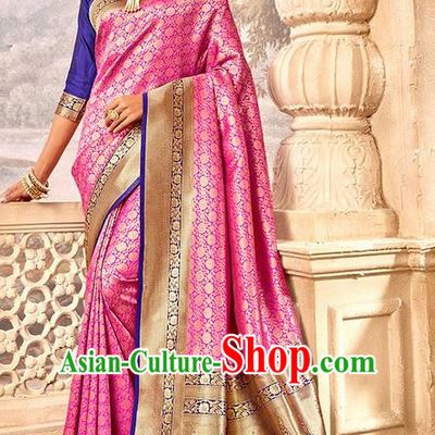 Indian Traditional Costume Asian India Rosy Brocade Sari Dress Bollywood Court Queen Clothing for Women