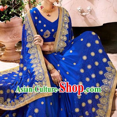 Indian Traditional Court Costume Asian India Royalblue Sari Dress Bollywood Queen Clothing for Women