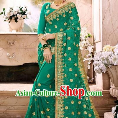 Indian Traditional Court Costume Asian India Deep Green Sari Dress Bollywood Queen Clothing for Women