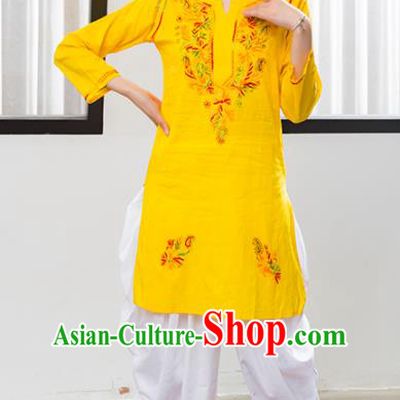 Asian India Traditional Informal Costumes South Asia Indian National Embroidered Yellow Blouse and Pants for Women