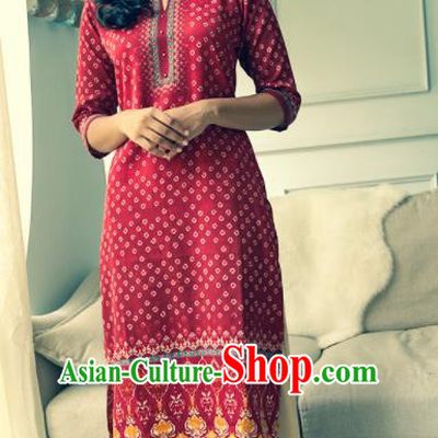 Asian India Traditional Informal Costumes South Asia Indian National Purplish Red Blouse and Pants for Women