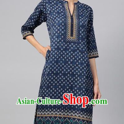 Asian India Traditional Informal Costumes South Asia Indian National Navy Blouse and Pants for Women