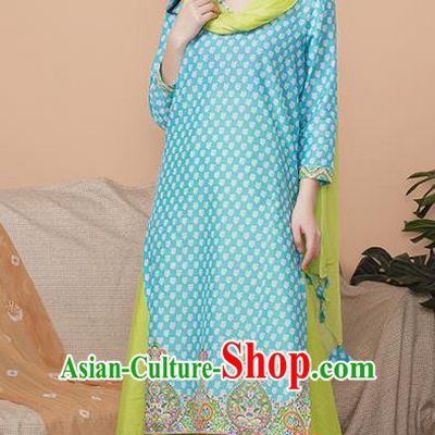 Asian India Traditional Informal Punjabi Costumes South Asia Indian National Blue Blouse and Dress for Women