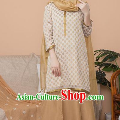 Asian India Traditional Informal Punjabi Costumes South Asia Indian National Khaki Blouse and Dress for Women