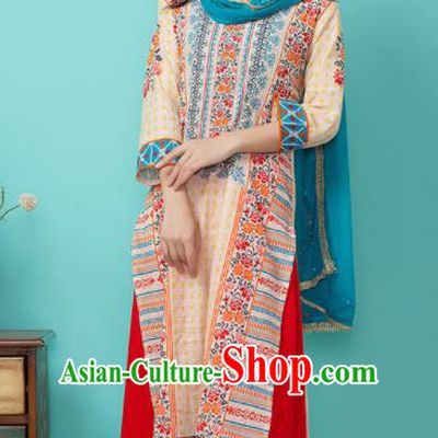 Asian India Traditional Punjabi Costumes South Asia Indian National Informal Beige Blouse and Pants for Women