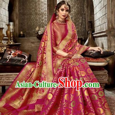 Asian India Traditional Rosy Sari Dress Indian Court Costume Bollywood Queen Clothing for Women