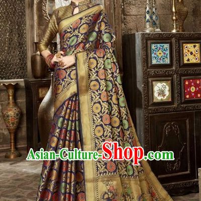 Asian India Traditional Navy Sari Dress Indian Court Costume Bollywood Queen Clothing for Women