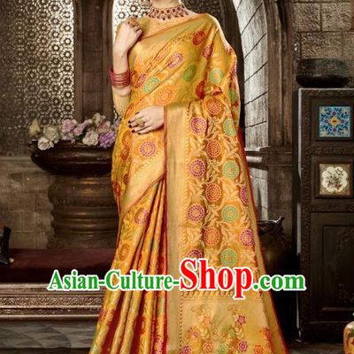 Asian India Traditional Golden Sari Dress Indian Court Costume Bollywood Queen Clothing for Women