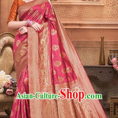 Indian Traditional Costume Asian India Rosy Sari Dress Bollywood Court Queen Clothing for Women