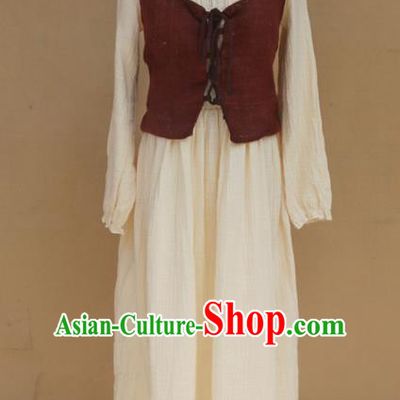 Europe Medieval Traditional Farmwife Costume European Maidservant White Dress for Women
