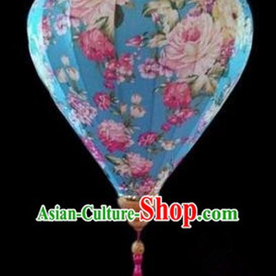 Chinese Traditional Lantern Handmade Printing Peony Light Blue Lanterns Ceiling Lamp New Year Lantern