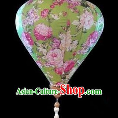 Chinese Traditional Lantern Handmade Printing Peony Green Lanterns Ceiling Lamp New Year Lantern
