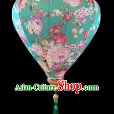Chinese Traditional Lantern Handmade Printing Peony Light Green Lanterns Ceiling Lamp New Year Lantern