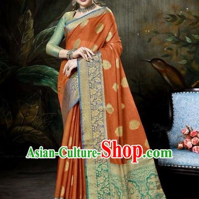 Asian India Traditional Bollywood Orange Sari Dress Indian Court Queen Costume for Women