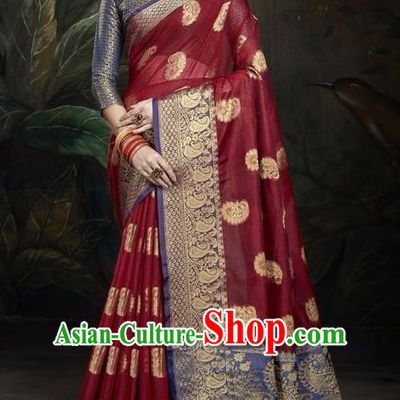 Asian India Traditional Bollywood Purplish Red Sari Dress Indian Court Queen Costume for Women