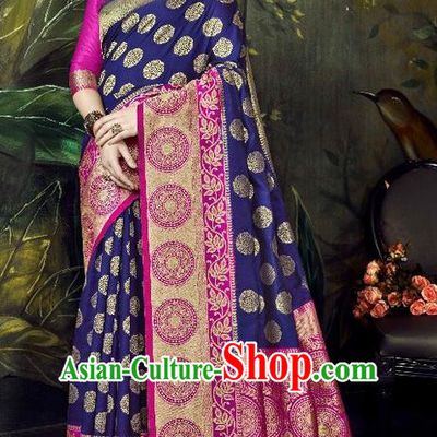 Asian India Traditional Bollywood Deep Blue Sari Dress Indian Court Queen Costume for Women