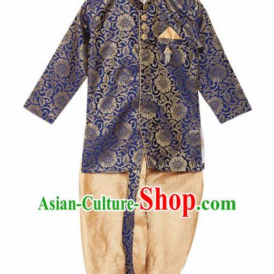 Asian India Traditional Costumes South Asia Indian National Royalblue Shirt and Golden Pants for Kids