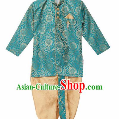 Asian India Traditional Costumes South Asia Indian National Green Shirt and Golden Pants for Kids