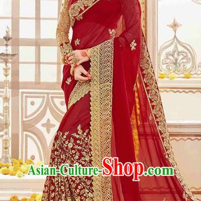 Asian India Traditional Bollywood Bride Wine Red Sari Dress Indian Court Queen Wedding Costume for Women