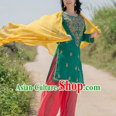 South Asian India Traditional Punjabi Costumes Asia Indian National Green Blouse and Pants for Women