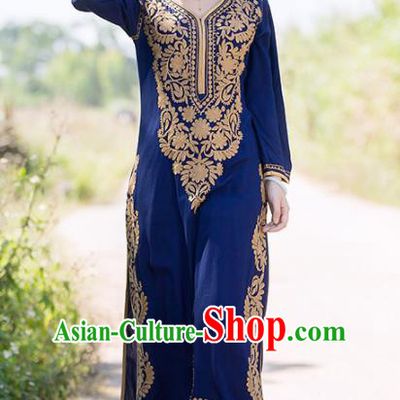 South Asian India Traditional Punjabi Costumes Asia Indian National Royalblue Blouse and Pants for Women