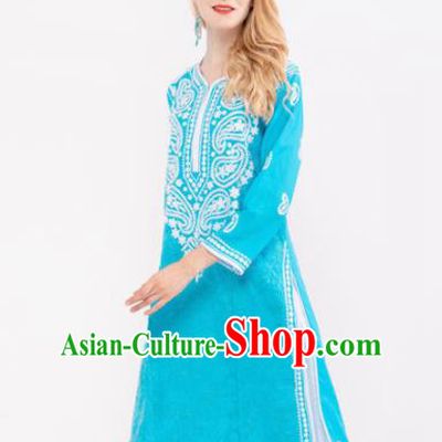 South Asian India Traditional Punjabi Costumes Asia Indian National Yoga Blue Blouse and Pants for Women