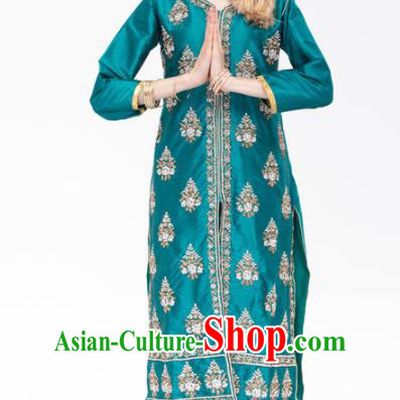 South Asian India Traditional Punjabi Costumes Asia Indian National Yoga Peacock Green Blouse and Pants for Women