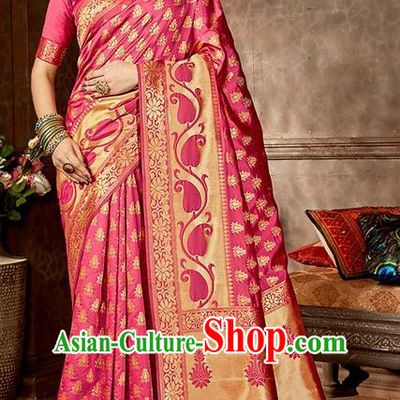 India Traditional Bollywood Pink Sari Dress Asian Indian Court Wedding Bride Costume for Women